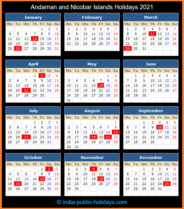 Andaman and Nicobar Islands Holiday Calendar 2021